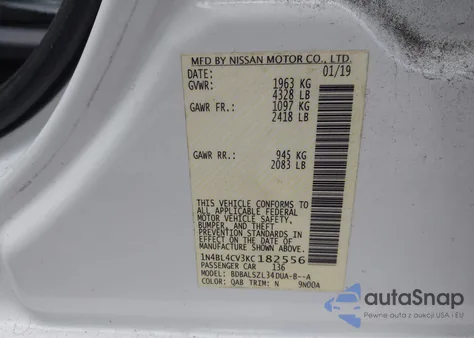 2019 Nissan Altima 2.5 Sr z USA, uszkodzony, nr VIN 1N4BL4CV3KC182556